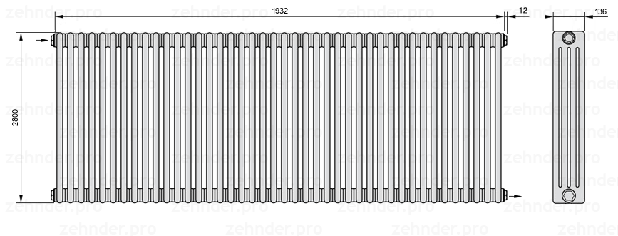 Схема (чертеж) Радиатор Zehnder Charleston 4280/42 №1670 Белый глянцевый RAL 9016